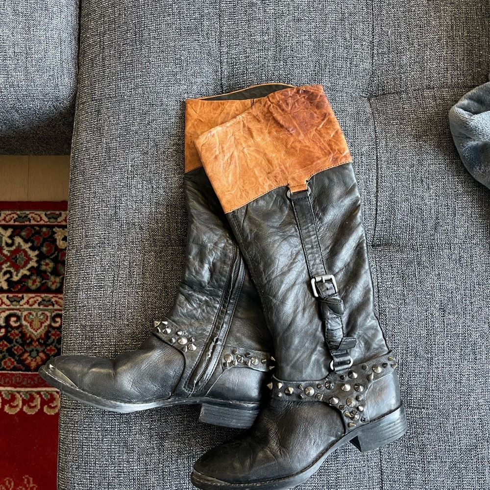 Black and Brown Leather Studded Boots